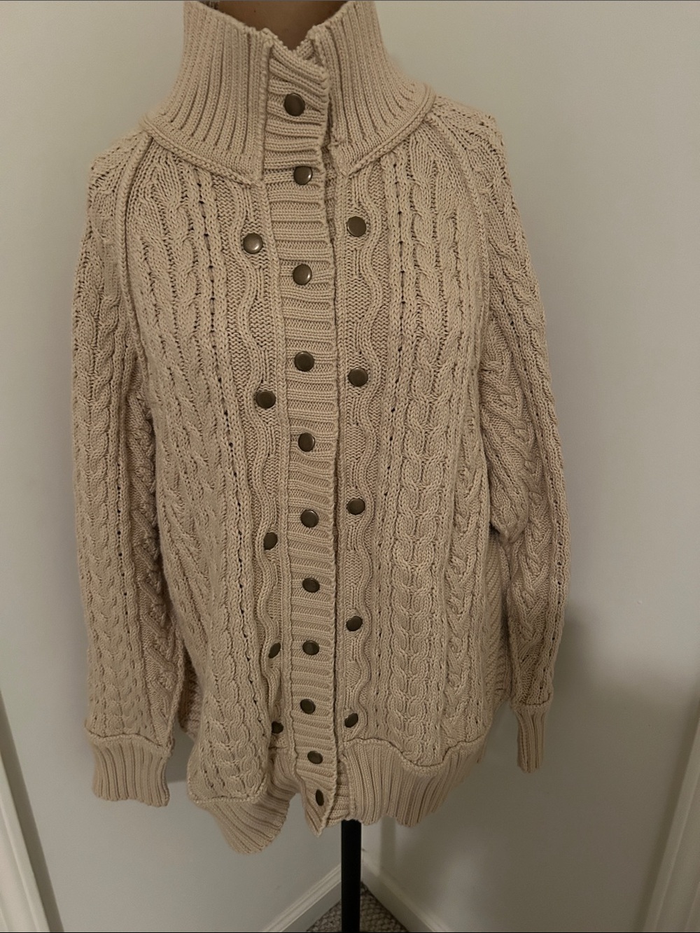 Free People Heavyweight Beige Cable Knit Button-Front Women’s Sweater